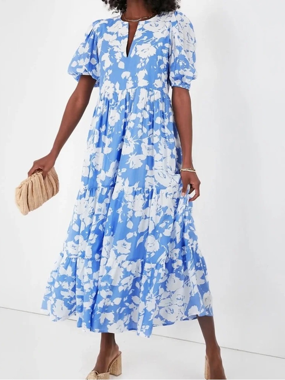 Tuckernuck Hyacinth House Blue White Floral Puff Sleeve Cisco Maxi Dress